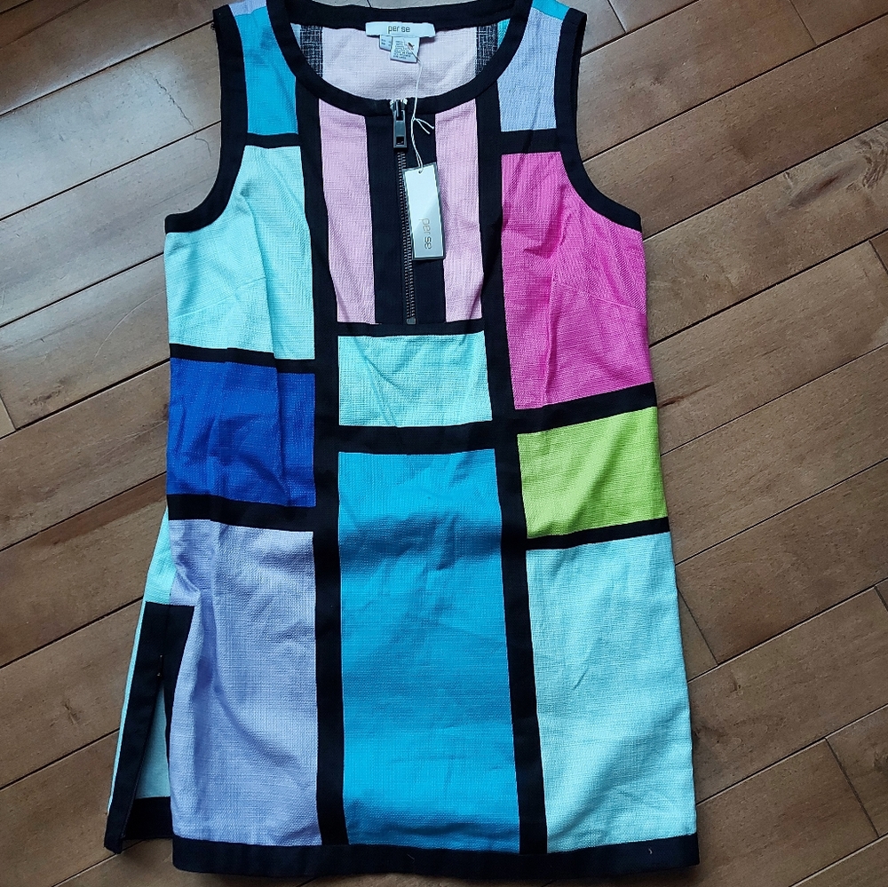 Per Se cotton color block mini dress tunic top art to wear Size 4